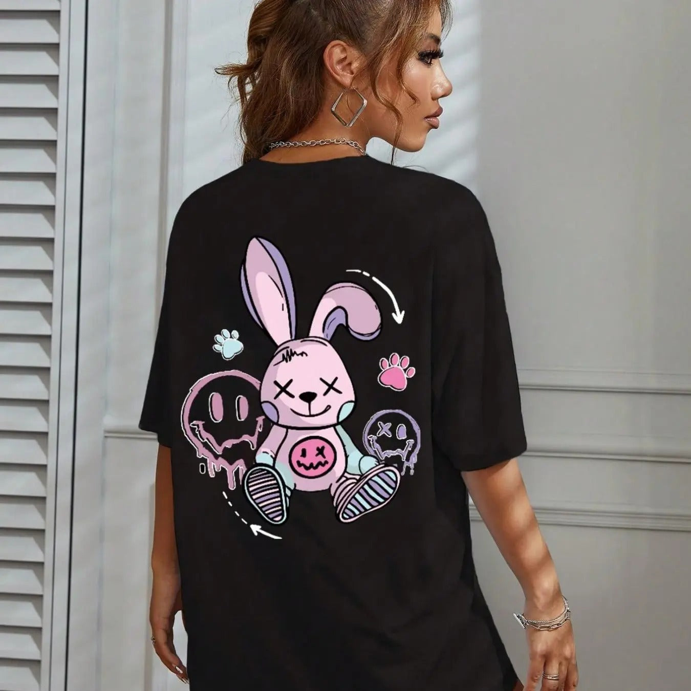 Women'WB shield Cartoon Rabbit Print Drop Shoulder Tee, Fashion Casual Crew Neck Half Sleeve T-Shirt for Daily Holiday...