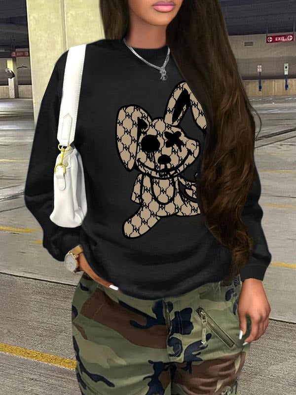 Women'WB shield Cartoon Rabbit Print Round Neck Sweatshirt, Fashion Casual Crew Neck Pullover for Daily Holiday Outdoor...