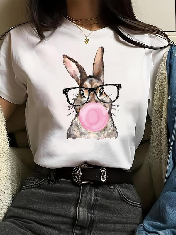 Women'WB shield Cartoon Rabbit Print Round Neck Tee, Casual Short Sleeve T-Shirt, Ladies TNF for Spiky hair fighters...