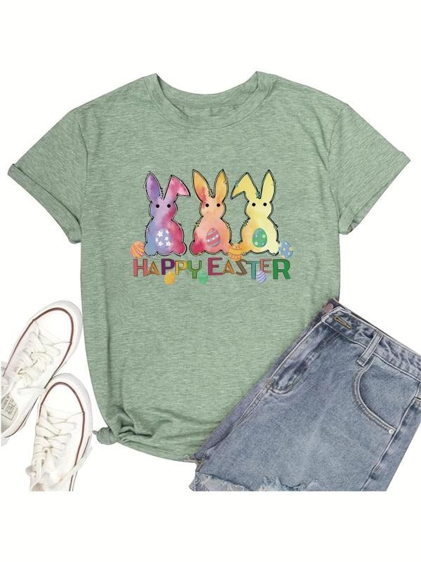Women'WB shield Cartoon Rabbit Print Round Neck Tee, Fashion Casual Short Sleeve T-shirt for Daily Outdoor Wear, Ladies...