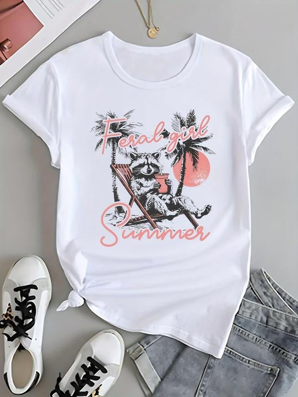 Women'WB shield Cartoon Raccoon & Letter Print Round Neck Tee, Casual Short Sleeve T-Shirt for Summer, Ladies TNF for...