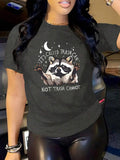 Women'WB shield Cartoon Raccoon & Letter Print Round Neck Tee, Fashion Crew Neck T-Shirt for Daily Holiday Outdoor Wear,...
