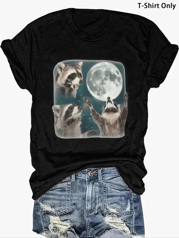 Women'WB shield Cartoon Raccoon Print Round Neck Tee, Fashion Casual Short Sleeve T-Shirt for Daily Outdoor Wear, Ladies...