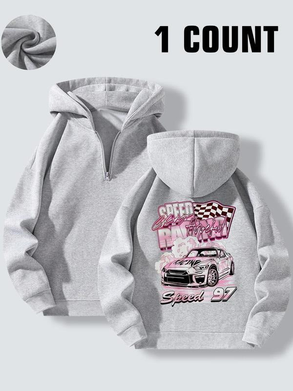Women'WB shield Cartoon Racing & Letter Print Half Zip Hoodie, Casual Long Sleeve Hooded Sweatshirt for Fall & Winter,...