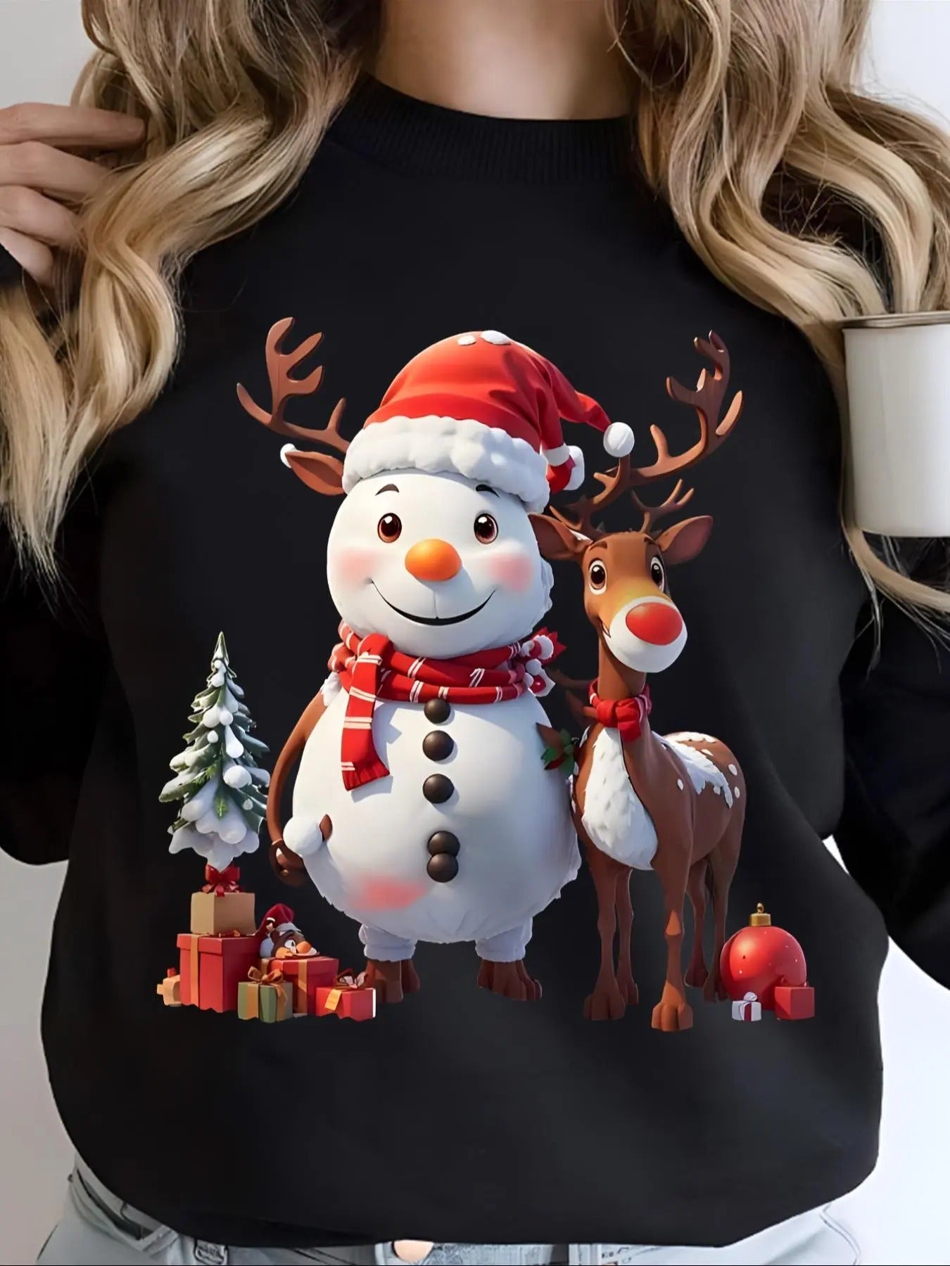 Women'WB shield Cartoon Reindeer & Snowman Print Round Neck Sweatshirt, Casual Long Sleeve Crew Neck Pullover for Daily...