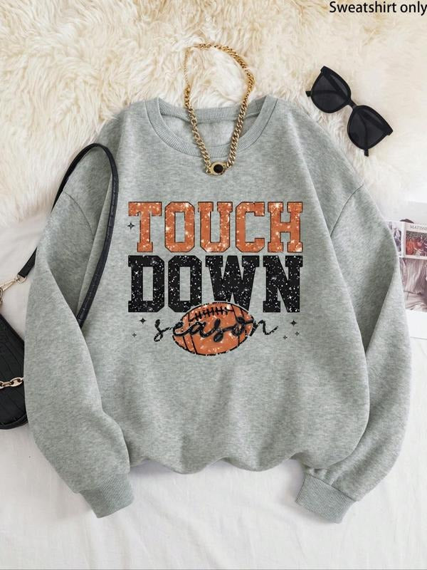 Women'WB shield Cartoon Rugby & Letter Print Drop Shoulder Sweatshirt, Casual Long Sleeve Round Neck Pullover for Fall &...
