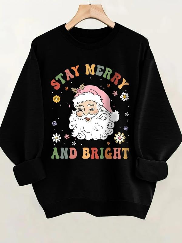 Women'WB shield Cartoon Santa Claus & Letter Print Crew Neck Sweatshirt, Casual Long Sleeve Pullover for Daily Wear,...