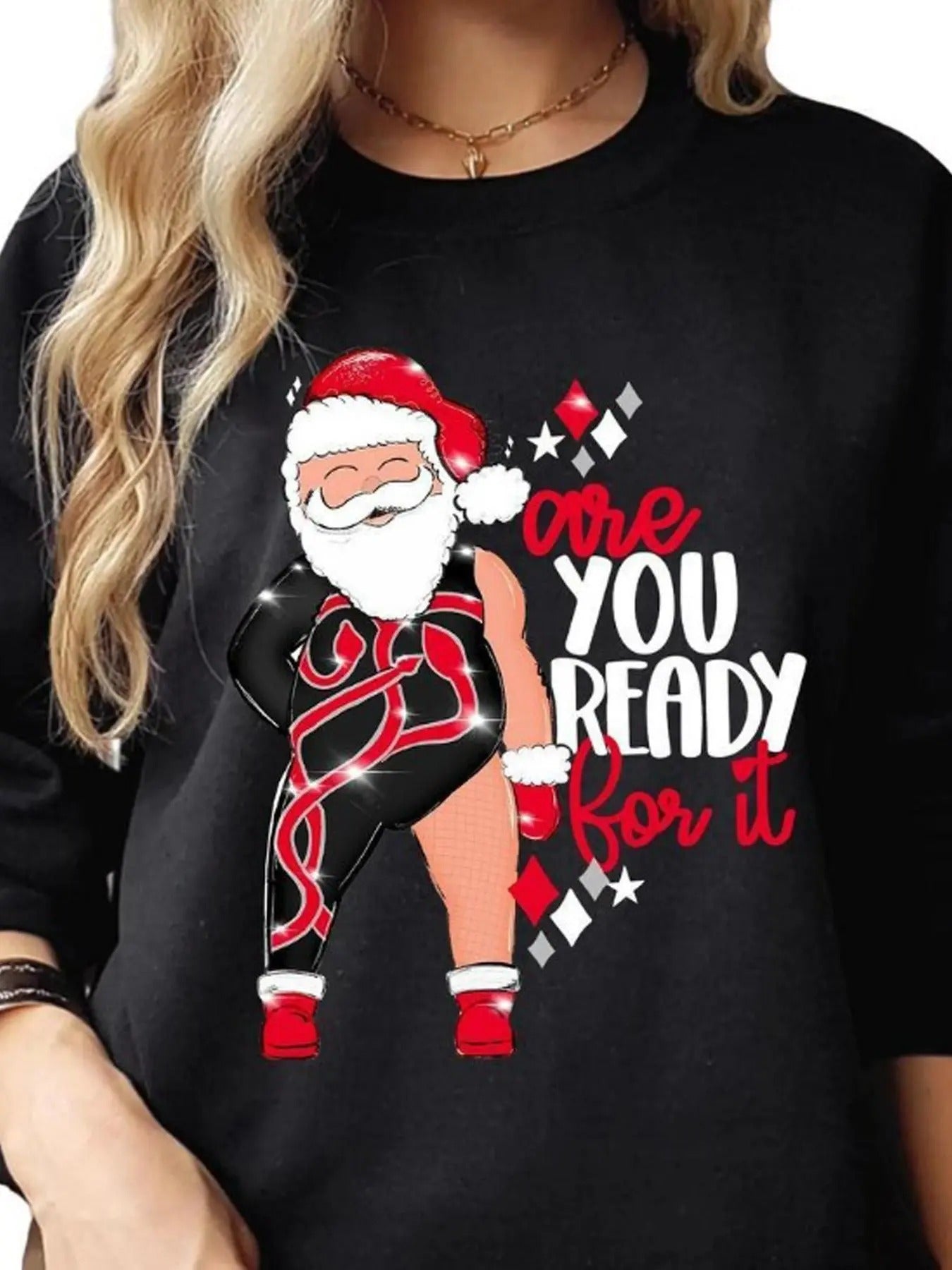 Women'WB shield Cartoon Santa Claus Print Crew Neck Sweatshirt, Casual Long Sleeve Pullover for Daily Wear, Ladies TNF...