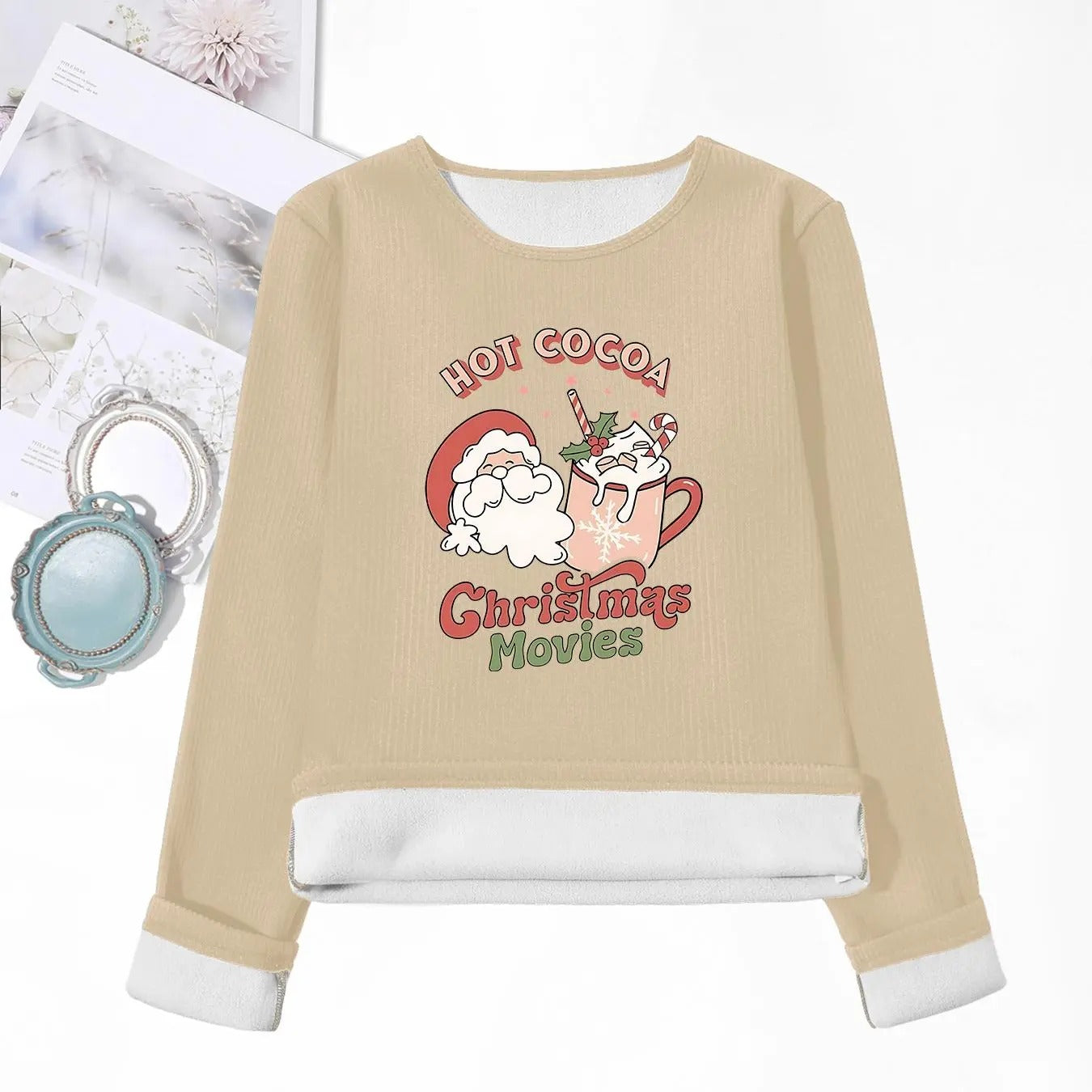 Women'WB shield Cartoon Santa Claus Print Crew Neck TNF Lined Tee, Casual Warm Long Sleeve T-shirt for Fall & Winter,...