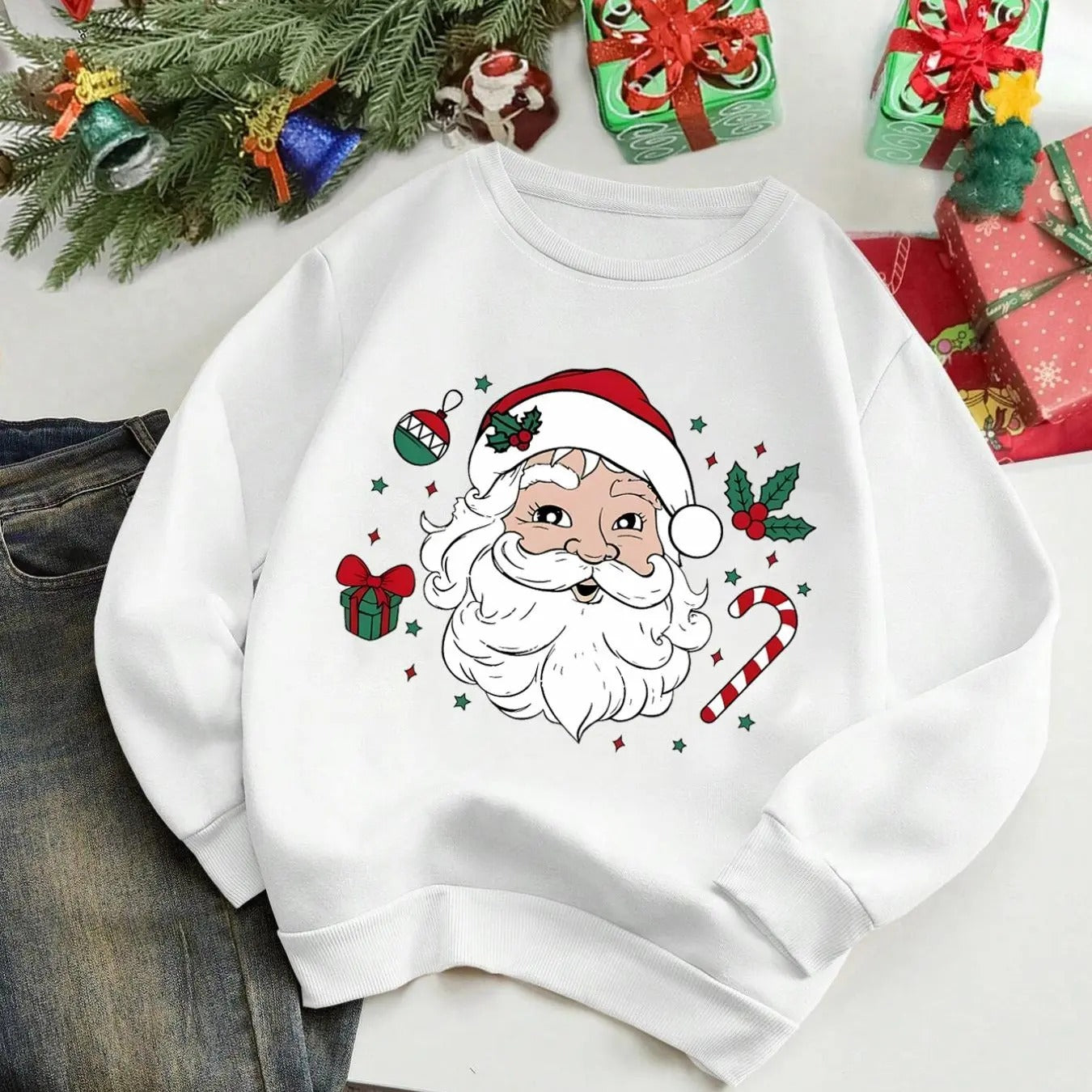 Women'WB shield Cartoon Santa Claus Print Drop Shoulder Sweatshirt, Casual Long Sleeve Round Neck Pullover for Daily...