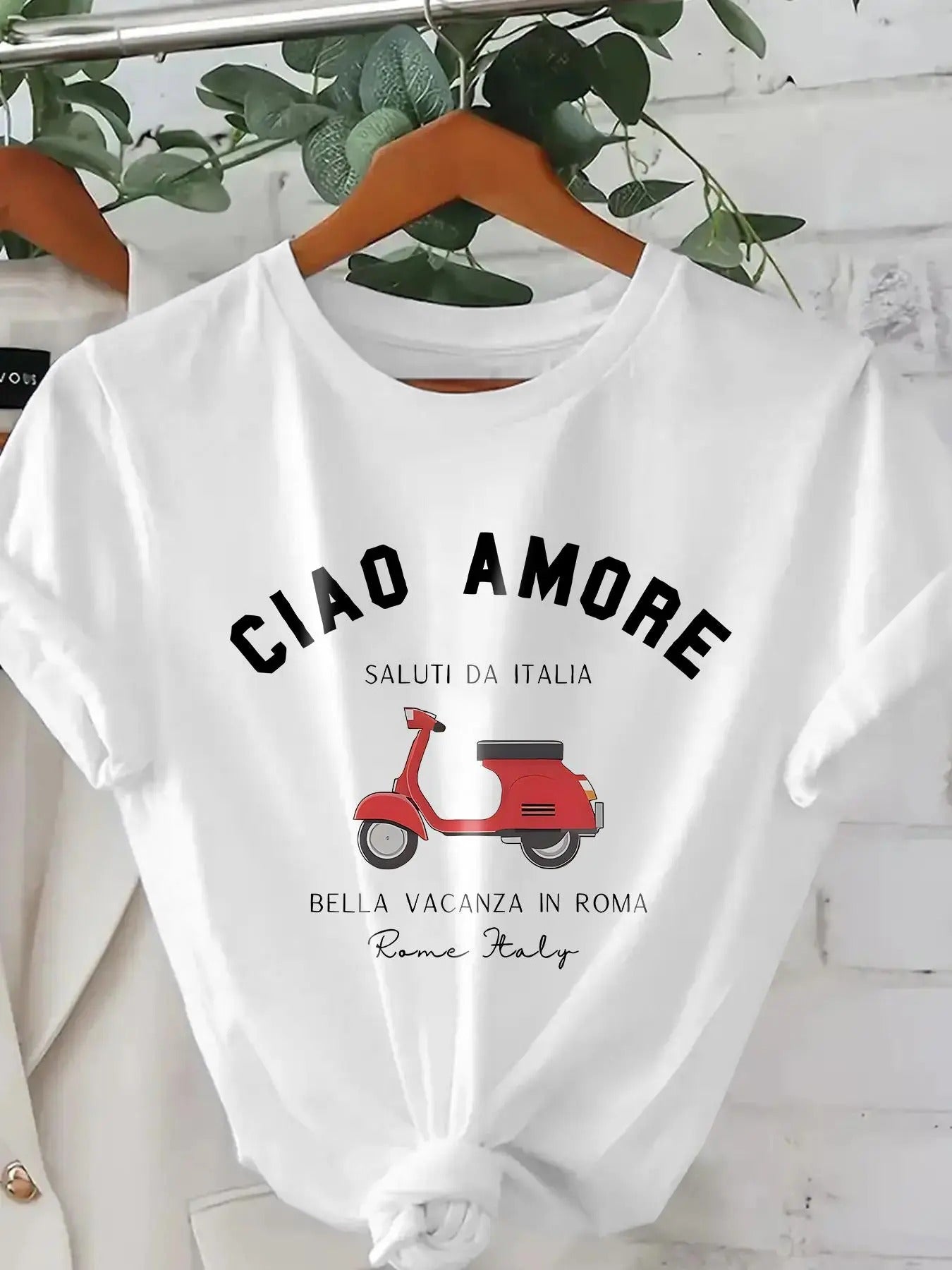 Women'WB shield Cartoon Scooter & Letter Print Round Neck Tee, Fashion Casual Short Sleeve T-shirt for Daily Holiday...
