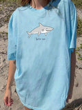 Women'WB shield Cartoon Shark Print Round Neck Tee, Casual Fashion Short Sleeve T-shirt for Summer, Ladies TNF for Daily...