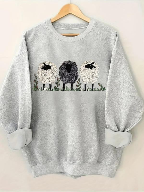 Women'WB shield Cartoon Sheep Print Crew Neck Sweatshirt, Casual Long Sleeve Pullover for Fall & Winter, Women'WB shield...