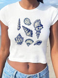 Women'WB shield Cartoon Shell Print Round Neck Crop Tee, Casual Slim-fitting Short Sleeve T-shirt, Ladies Summer TNF for...