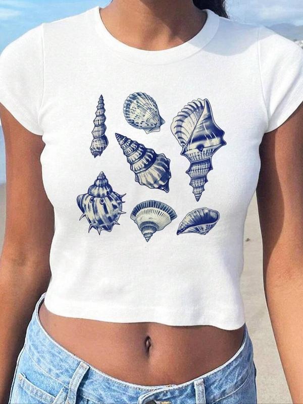 Women'WB shield Cartoon Shell Print Round Neck Crop Tee, Casual Slim-fitting Short Sleeve T-shirt, Ladies Summer TNF for...