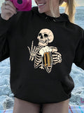 Women'WB shield Cartoon Skeleton & Beer Print Drop Shoulder Long Sleeve Hoodie, Fashion Casual Drawstring Pocket Hooded...