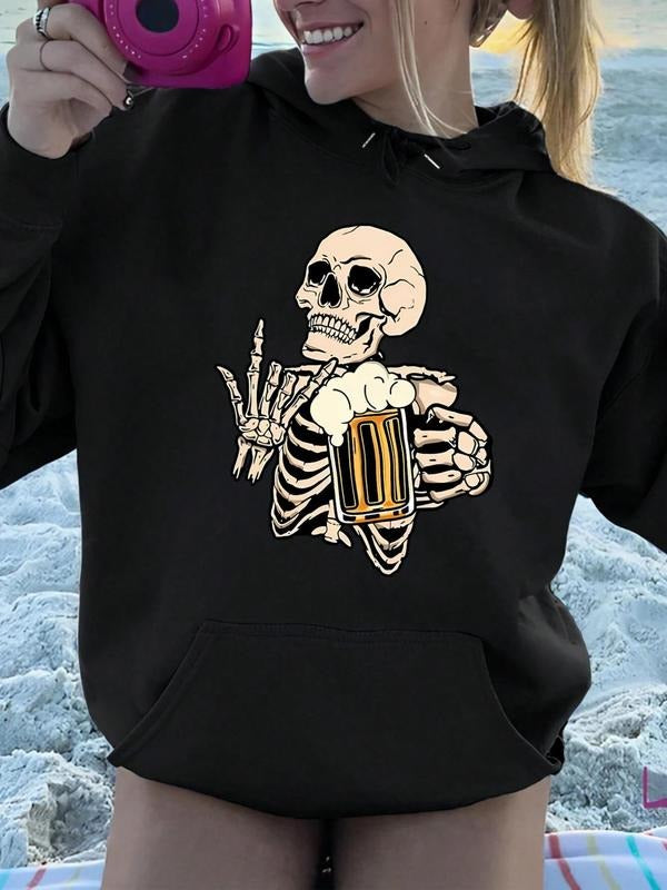 Women'WB shield Cartoon Skeleton & Beer Print Drop Shoulder Long Sleeve Hoodie, Fashion Casual Drawstring Pocket Hooded...