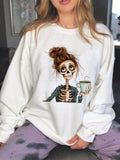 Women'WB shield Cartoon Skeleton & FOG Print Drop Shoulder Sweatshirt, Casual Long Sleeve Round Neck Pullover for Daily...