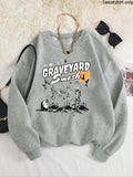 Women'WB shield Cartoon Skeleton & Letter Print Drop Shoulder Sweatshirt, Casual Halloween TNF Long Sleeve Round Neck...