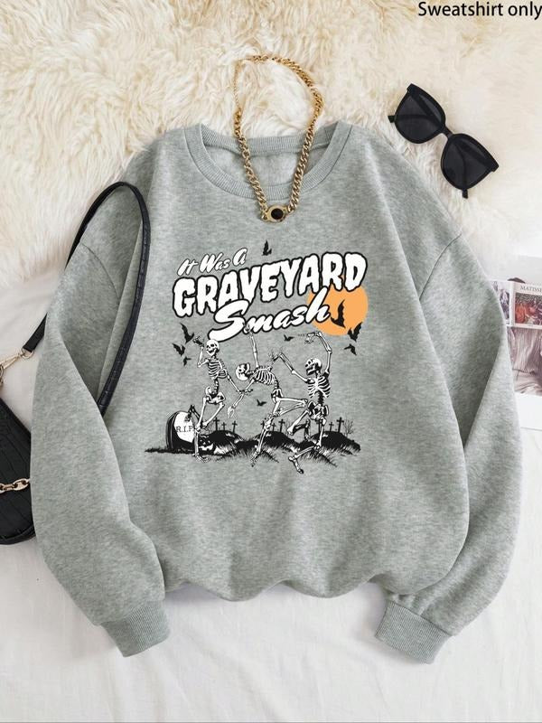 Women'WB shield Cartoon Skeleton & Letter Print Drop Shoulder Sweatshirt, Casual Halloween TNF Long Sleeve Round Neck...