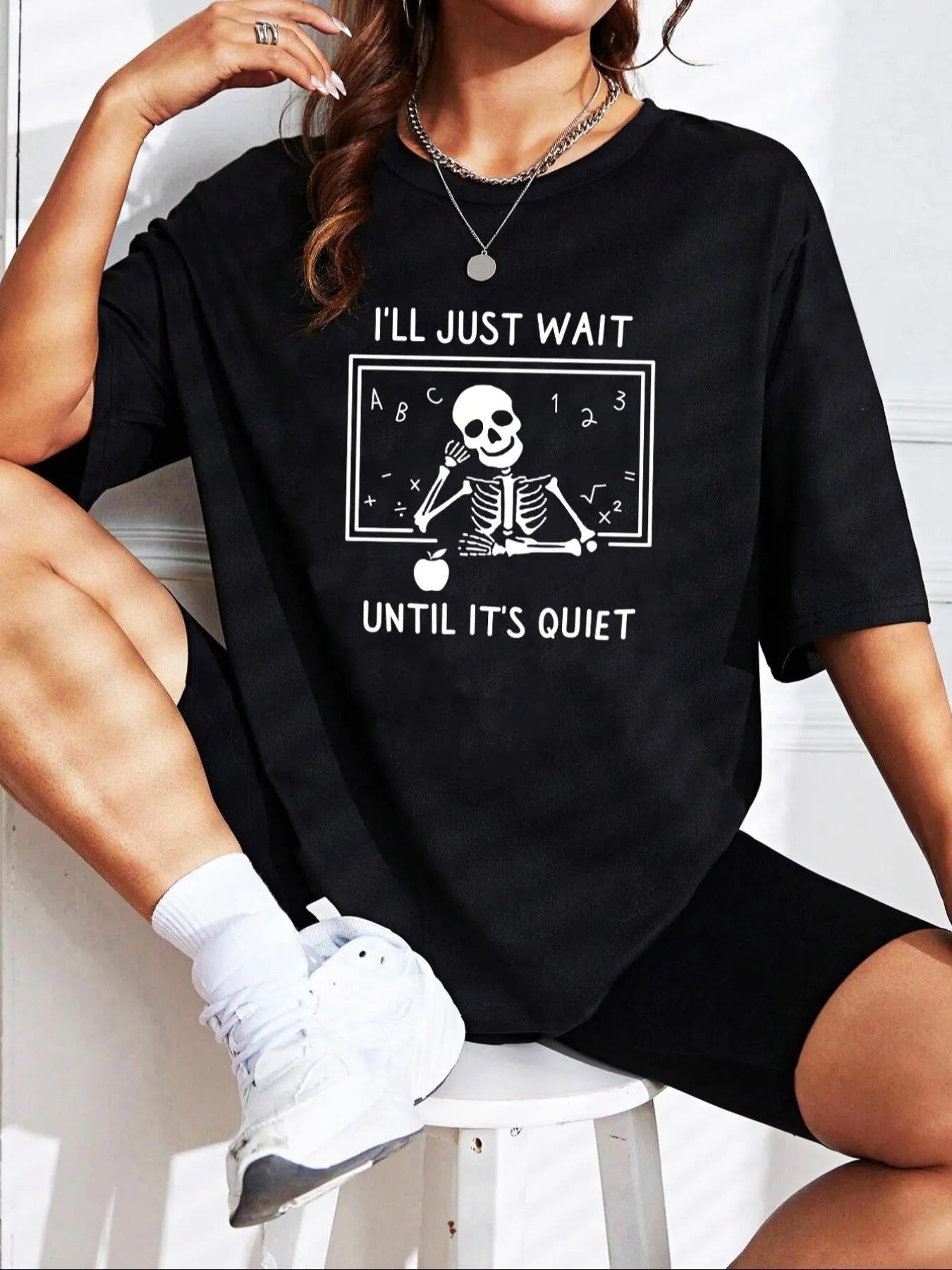 Women'WB shield Cartoon Skeleton & Letter Print Drop Shoulder Tee, Casual Half Sleeve Round Neck T-Shirt for Daily Wear,...