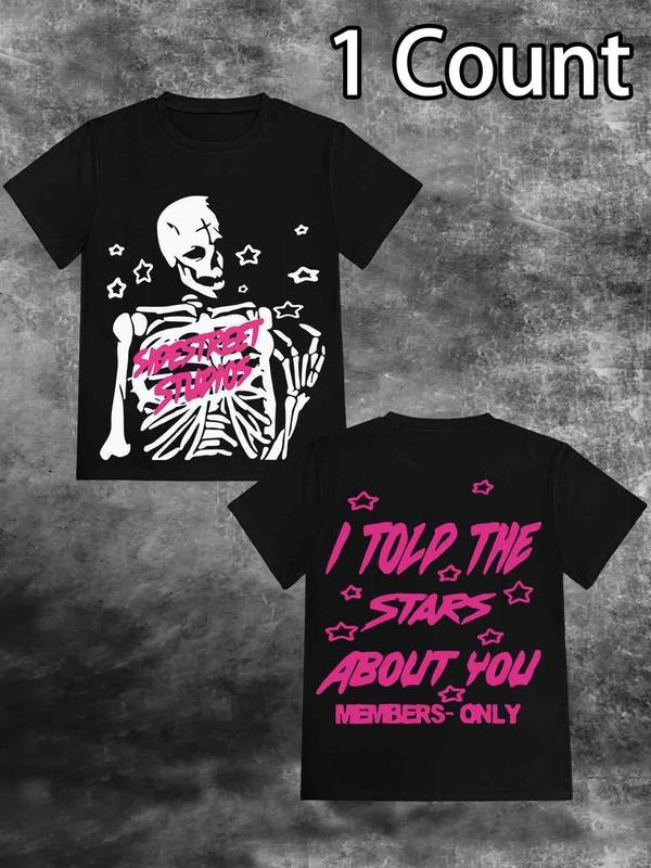 Women'WB shield Cartoon Skeleton & Letter Print Round Neck Tee, Fashion Casual Crew Neck Short Sleeve T-Shirt for Daily...