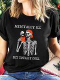 Women'WB shield Cartoon Skeleton & Letter Print Round Neck Tee, Fashion Casual Crew Neck T-Shirt for Daily Holiday...