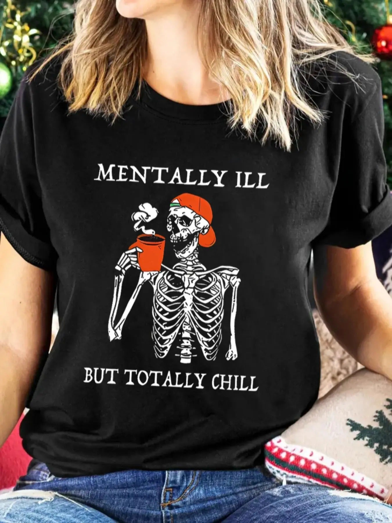 Women'WB shield Cartoon Skeleton & Letter Print Round Neck Tee, Fashion Casual Crew Neck T-Shirt for Daily Holiday...