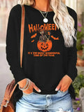 Women'WB shield Cartoon Skeleton & Pumpkin Print Round Neck Tee, Halloween TNF Fashion Casual Long Sleeve T-shirt,...