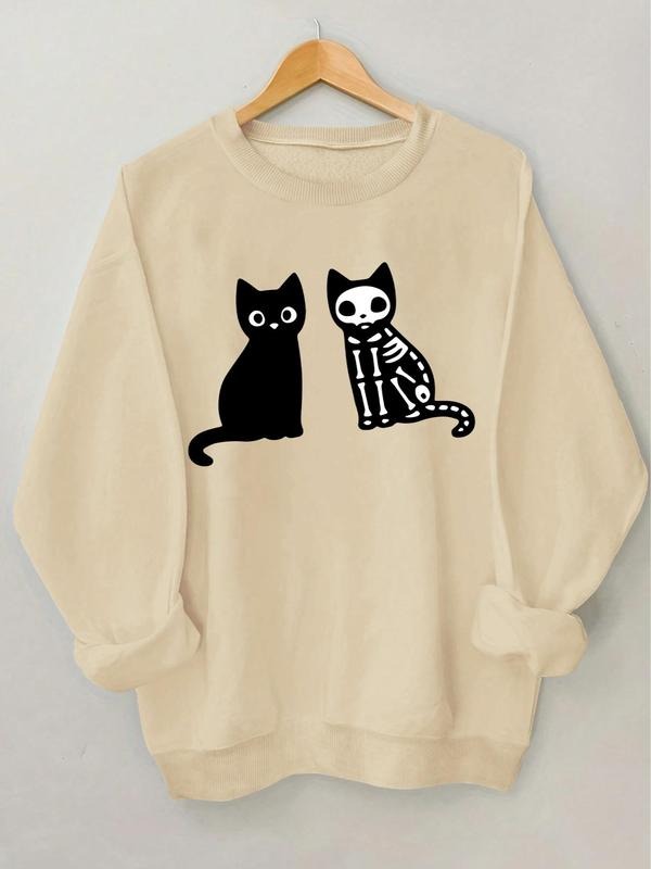 Women'WB shield Cartoon Skeleton Cat Print Drop Shoulder Sweatshirt, Casual Long Sleeve Round Neck Pullover for Fall &...