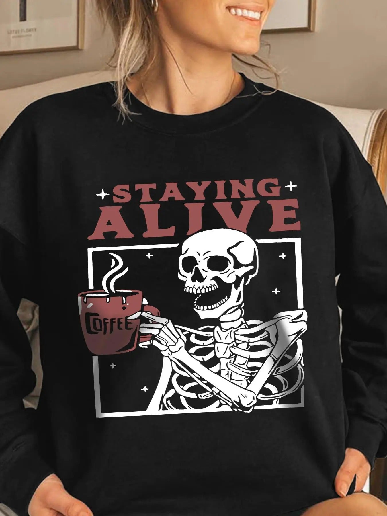 Women'WB shield Cartoon Skeleton Graphic Print Drop Shoulder Sweatshirt, Halloween TNF Casual Long Sleeve Round Neck...