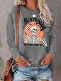 Women'WB shield Cartoon Skeleton Graphic Print Round Neck T-shirt, Fashion Casual Long Sleeve Tee, Women'WB shield Top...