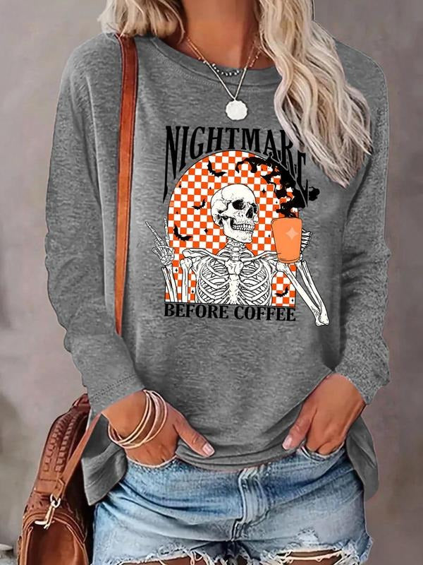 Women'WB shield Cartoon Skeleton Graphic Print Round Neck T-shirt, Fashion Casual Long Sleeve Tee, Women'WB shield Top...