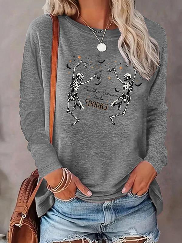 Women'WB shield Cartoon Skeleton Graphic Print Round Neck T-shirt, Fashion Casual Long Sleeve Tee, Women'WB shield Top...