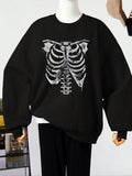 Women'WB shield Cartoon Skeleton Print Drop Shoulder Fleece Sweatshirt, Casual Long Sleeve Round Neck Pullover for Fall &...