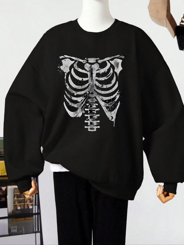 Women'WB shield Cartoon Skeleton Print Drop Shoulder Fleece Sweatshirt, Casual Long Sleeve Round Neck Pullover for Fall &...