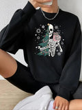 Women'WB shield Cartoon Skeleton Print Drop Shoulder Sweatshirt, Casual Long Sleeve Round Neck Pullover for Fall &...