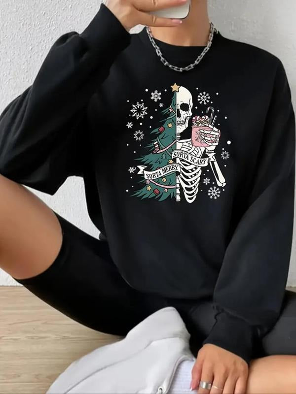Women'WB shield Cartoon Skeleton Print Drop Shoulder Sweatshirt, Casual Long Sleeve Round Neck Pullover for Fall &...