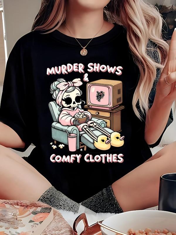 Women'WB shield Cartoon Skeleton Print Round Neck Tee, Fashion Casual Letter Graphic Short Sleeve T-shirt for Daily Wear,...
