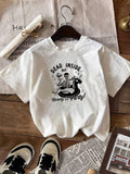 Women'WB shield Cartoon Skeleton Print Round Neck Tee, Fashion Casual Short Sleeve T-shirt, Ladies Summer TNF for Daily...