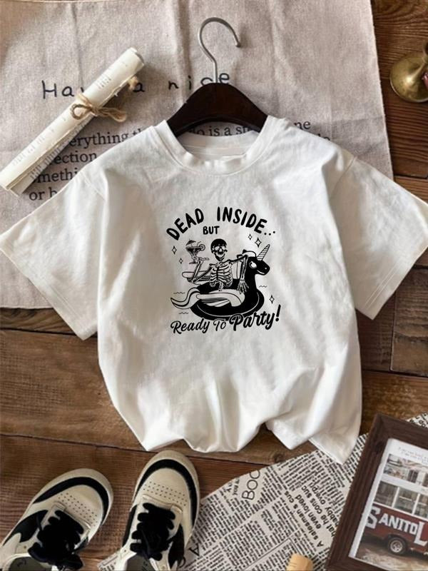 Women'WB shield Cartoon Skeleton Print Round Neck Tee, Fashion Casual Short Sleeve T-shirt, Ladies Summer TNF for Daily...