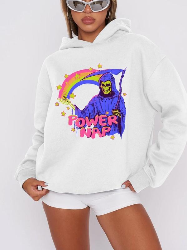 Women'WB shield Cartoon Skull & Letter Print Drop Shoulder Hoodie, Fashion Street Long Sleeve Hooded Sweatshirt for Daily...