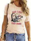Women'WB shield Cartoon Skull & Letter Print Round Neck Tee, Fashion Casual Crew Neck Short Sleeve T-Shirt for Daily...