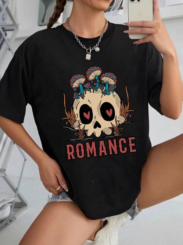 Women'WB shield Cartoon Skull & Mushroom Print Drop Shoulder Tee, Fashion Casual Round Neck Half Sleeve T-Shirt for Daily...