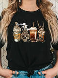 Women'WB shield Cartoon Skull Milk Tea Print Round Neck Tee, Fashion Casual Short Sleeve T-shirt for Daily Wear, Ladies...