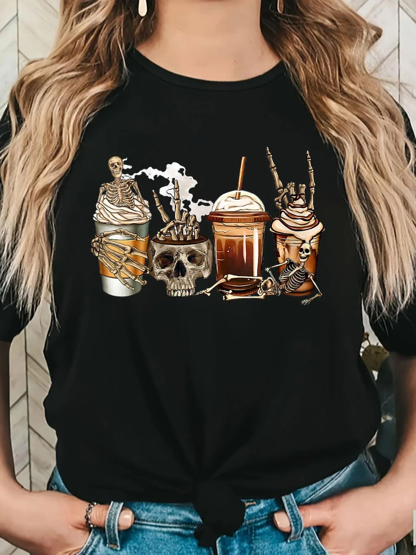 Women'WB shield Cartoon Skull Milk Tea Print Round Neck Tee, Fashion Casual Short Sleeve T-shirt for Daily Wear, Ladies...