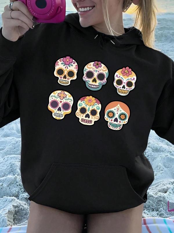 Women'WB shield Cartoon Skull Print Drop Shoulder Hoodie, Fashion Casual Drawstring Pocket Hooded Sweatshirt for Daily...