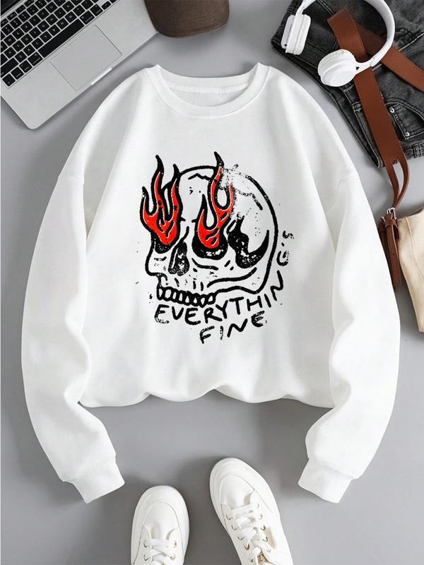 Women'WB shield Cartoon Skull Print Drop Shoulder Sweatshirt, Casual Long Sleeve Round Neck Pullover for Daily Wear,...