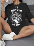 Women'WB shield Cartoon Skull Print Drop Shoulder Tee, Fashion Casual Slogan Print Crew Neck T-Shirt for Daily Holiday...