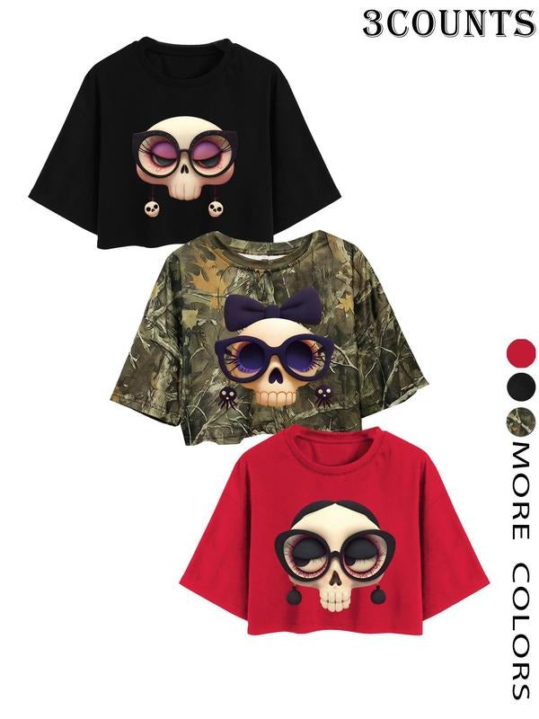Women'WB shield Cartoon Skull Print Round Neck Crop Tee, Casual Short Sleeve T-shirt for Summer, Ladies TNF for Daily...